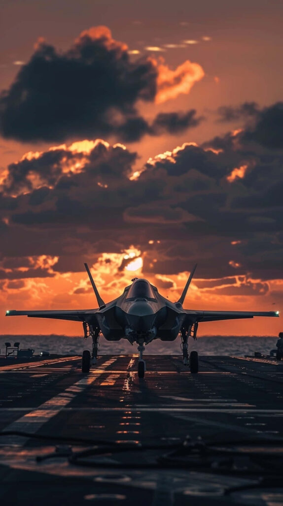 Lockheed Martin F-35 stealth jet silhouetted on aircraft carrier at vibrant orange sunset sky Wallpaper
