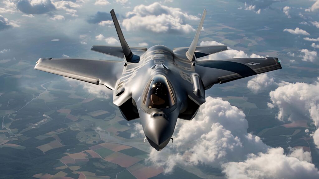 High-resolution wallpaper of Lockheed Martin F-35 stealth jet soaring above clouds with blue sky