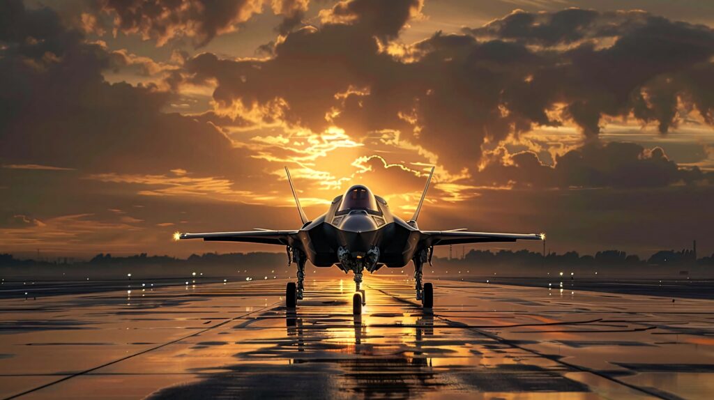 Lockheed Martin F-35 fighter jet on reflective runway at sunset with dramatic clouds and golden light Wallpaper