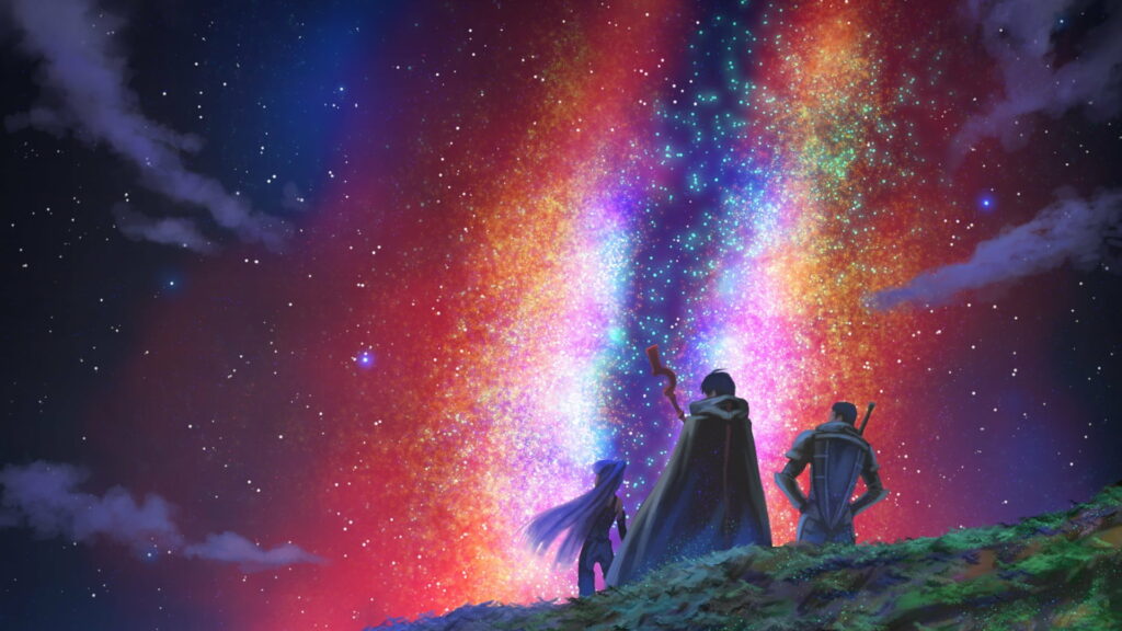 Log Horizon anime wallpaper Shiroe Akatsuki Naotsugu gazing at vibrant pink blue nebula sky