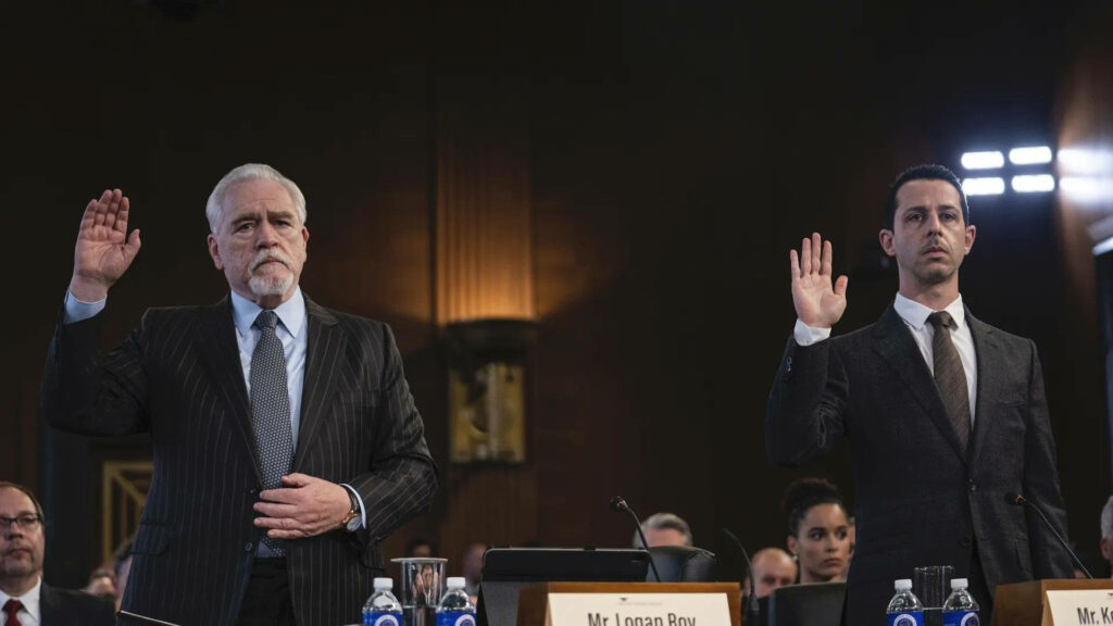 Succession Wallpaper: Logan & Kendall Roy in Formal Pledge Moment
