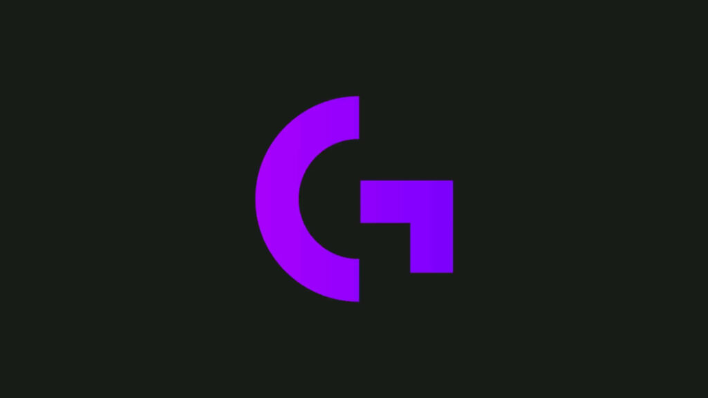 Logitech G logo in bold purple on sleek black background modern tech wallpaper design