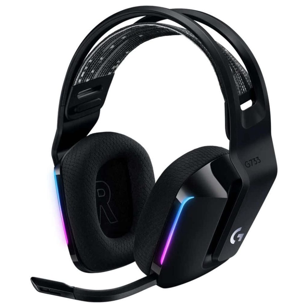 Logitech G733 black wireless gaming headset with RGB lighting and suspension headband wallpaper