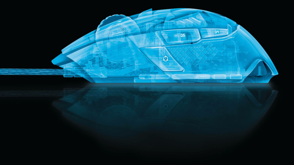 X-ray style illustration of Logitech gaming mouse showing internal components on dark background Wallpaper