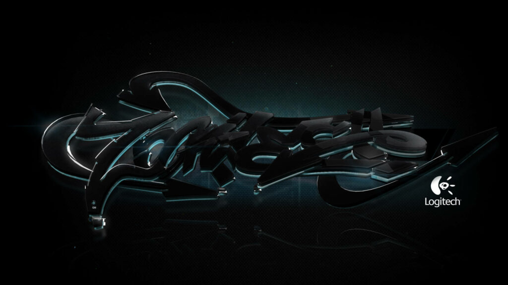 Bold Logitech graffiti art wallpaper with illuminated 3D lettering on dark textured background