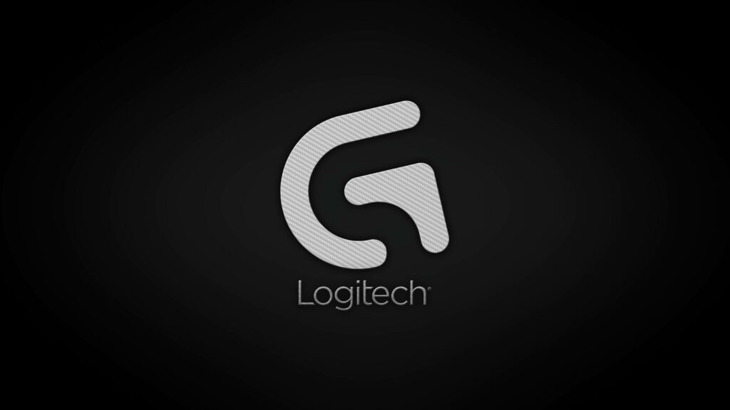Logitech logo in sleek grey on dark gradient background modern minimalistic wallpaper design