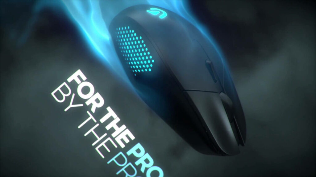 Logitech Pro Gaming Mouse with blue LED lights and dynamic blue energy blur background Wallpaper