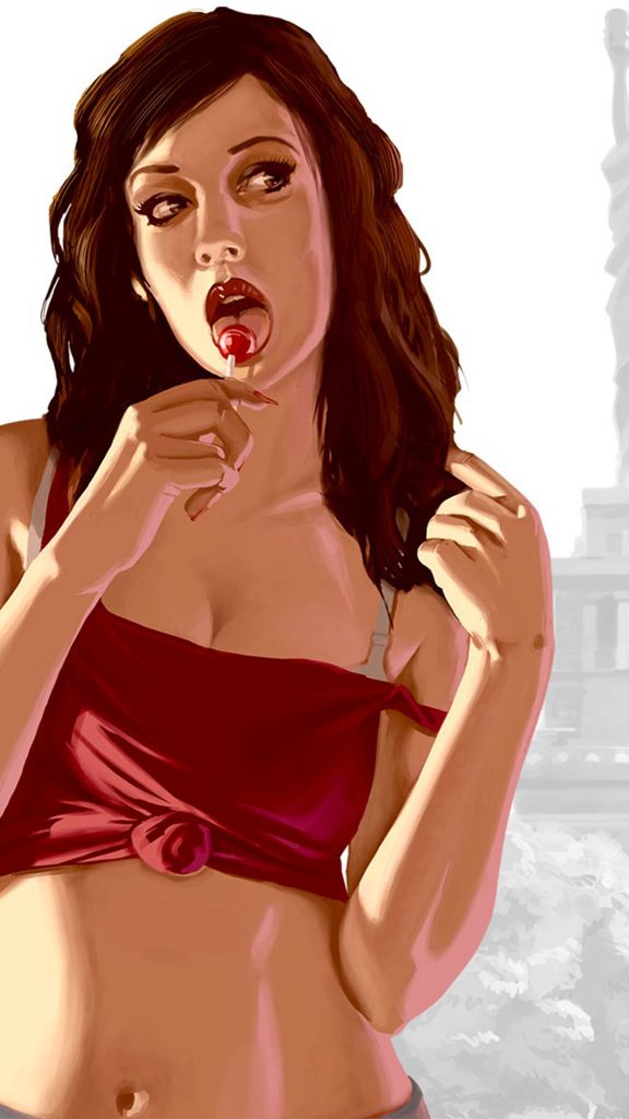 Lola Del Rio GTA IV cel-shaded art in red top with lollipop bright urban wallpaper background