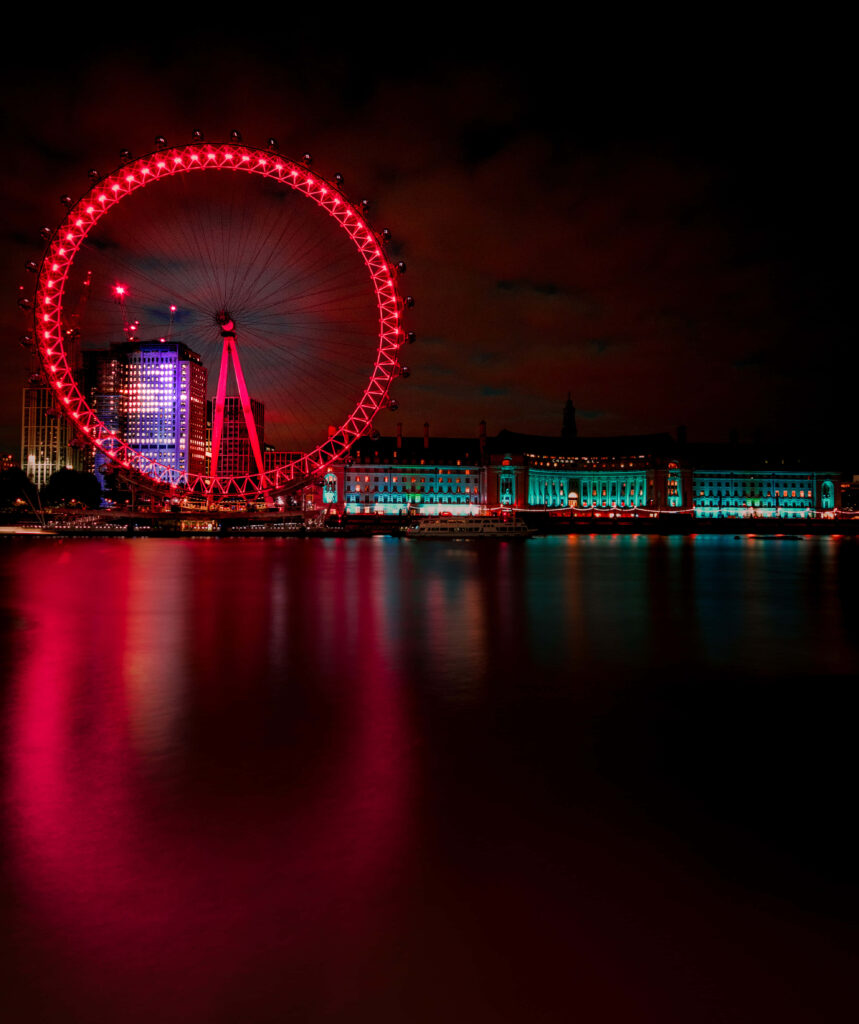 London Eye Night View: Red Lights Reflecting on Serene Waters Wallpaper