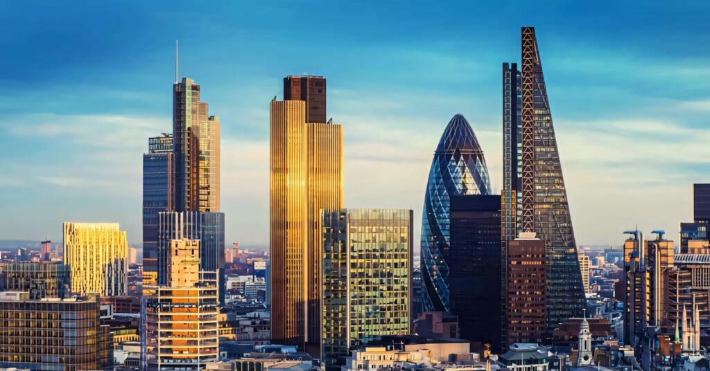 Golden Hour London Skyline Wallpaper: Vibrant Skyscraper Reflections