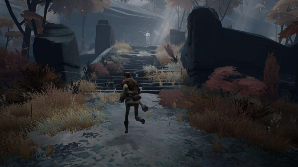 Lone adventurer climbing ancient stone steps in mysterious Ashen forest game wallpaper background