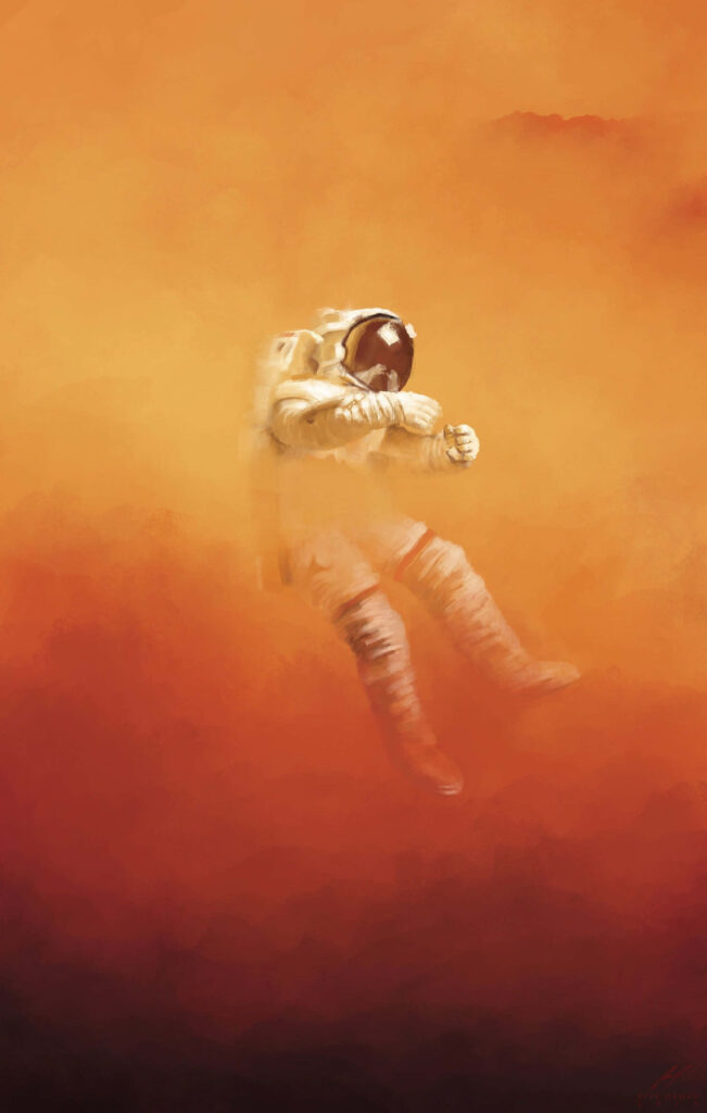 Astronaut exploring rugged Martian surface with red dust and alien sky in The Martian wallpaper