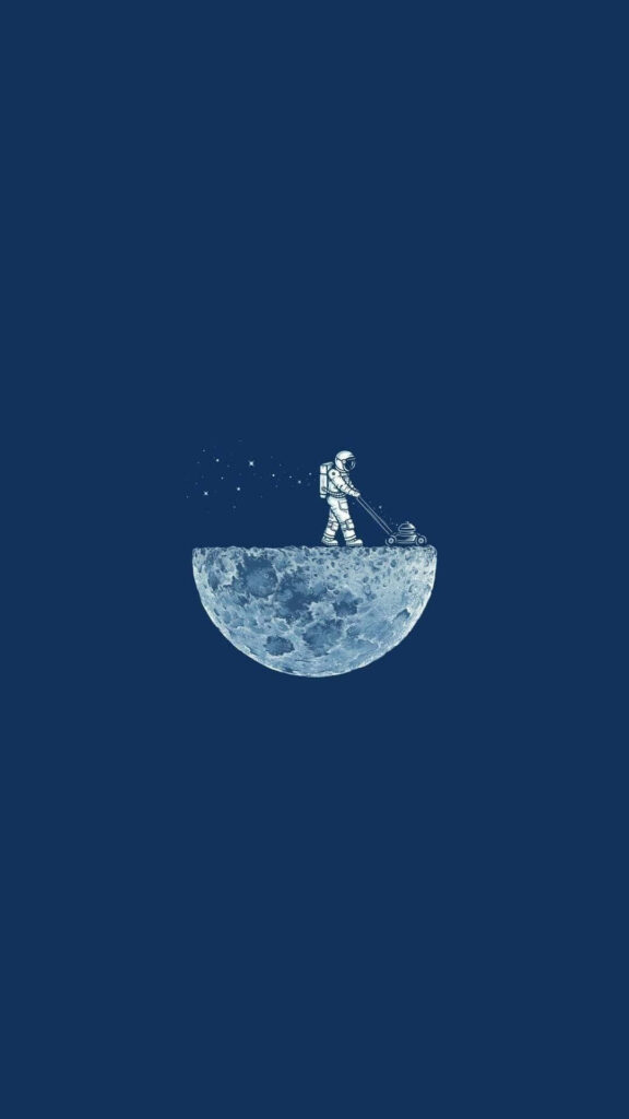 Minimalist Wallpaper: Astronaut Mowing the Moon on Deep Blue Background