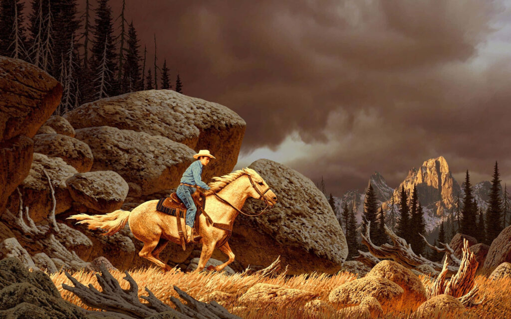 Lone cowboy on majestic horse rides through golden grass and boulders at sunset West wallpaper