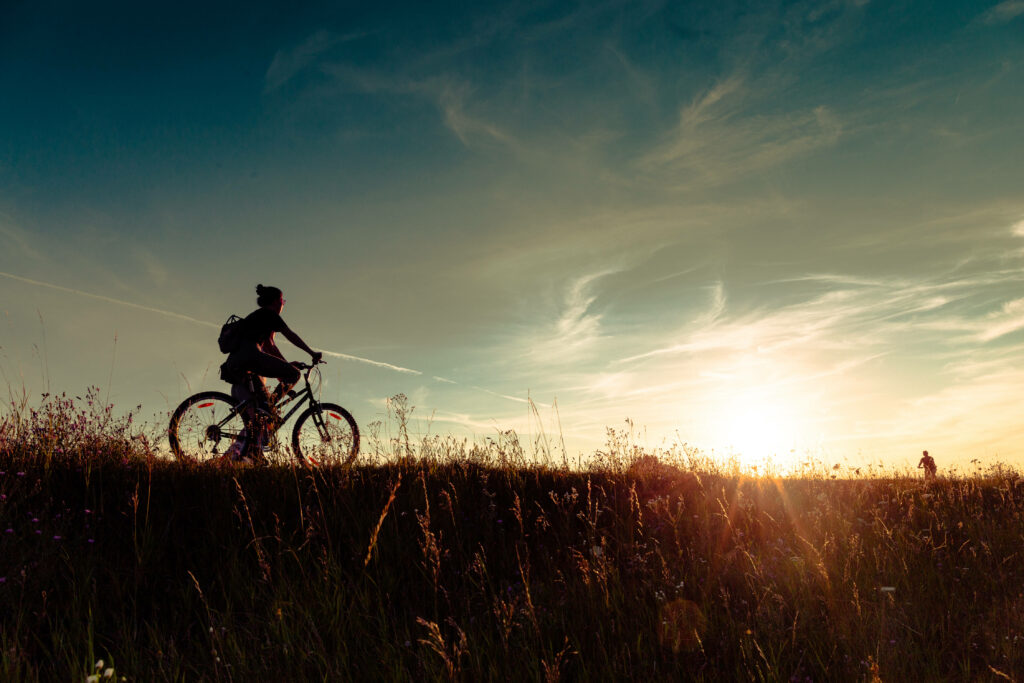 Lone cyclist silhouetted at golden sunset riding through grassy field with warm sky hues Wallpaper