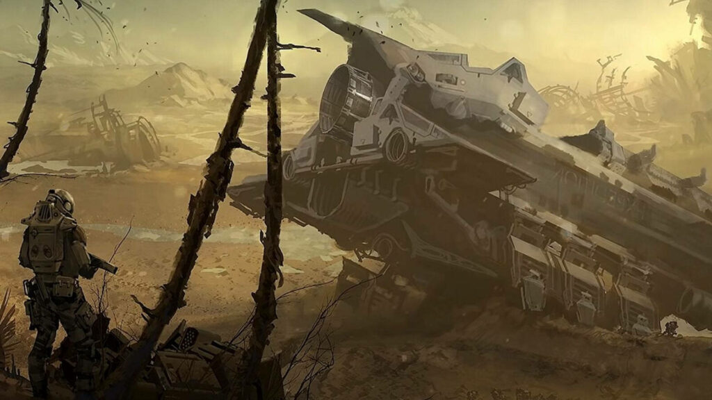Lone explorer in rugged suit surveys massive wrecked spaceship in barren alien landscape wallpaper