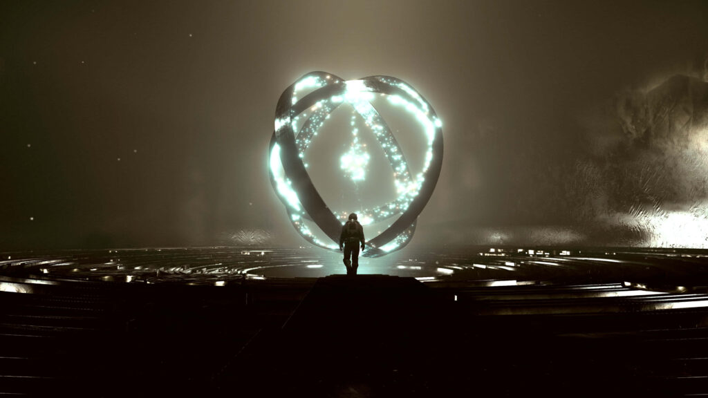 Lone explorer faces glowing futuristic structure in mysterious otherworldly Starfield-inspired scene Wallpaper