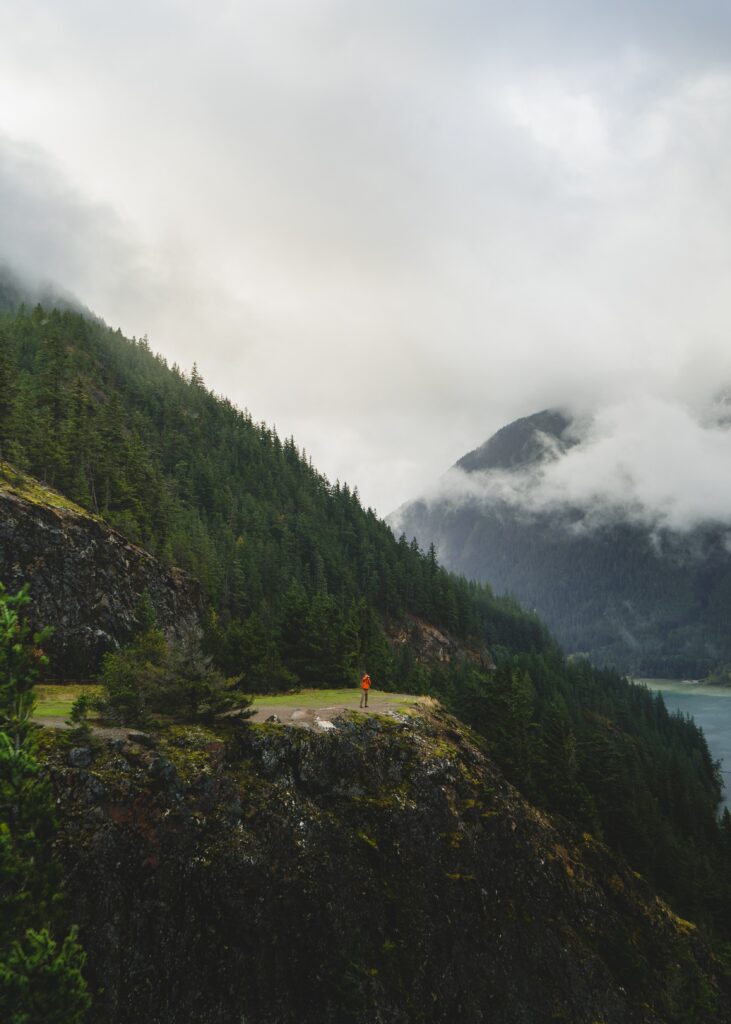 Man standing on rocky slopes with pine forests misty mountains and lake under moody sky wallpaper