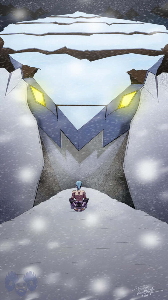 Lone figure faces giant Avalugg with glowing eyes in snowy storm dramatic wallpaper background