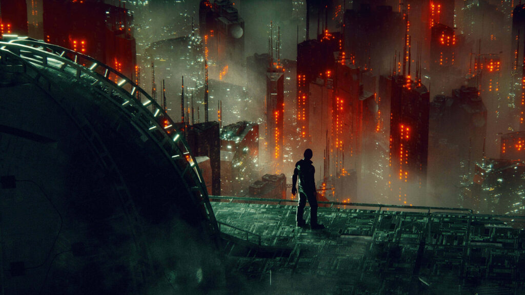 Lone Figure Overlooks Futuristic Dark Cityscape: Night Wallpaper