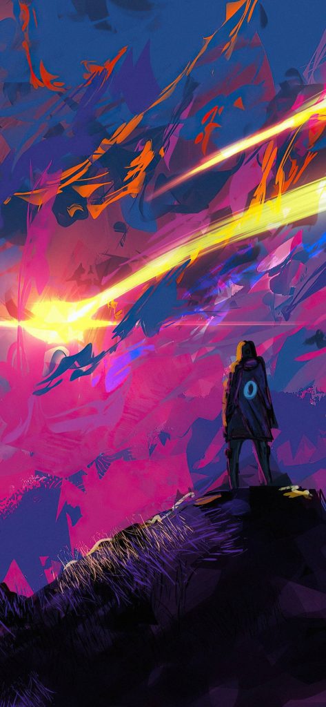 Red digital art of lone figure on hill watching yellow meteor in vibrant violet sky wallpaper