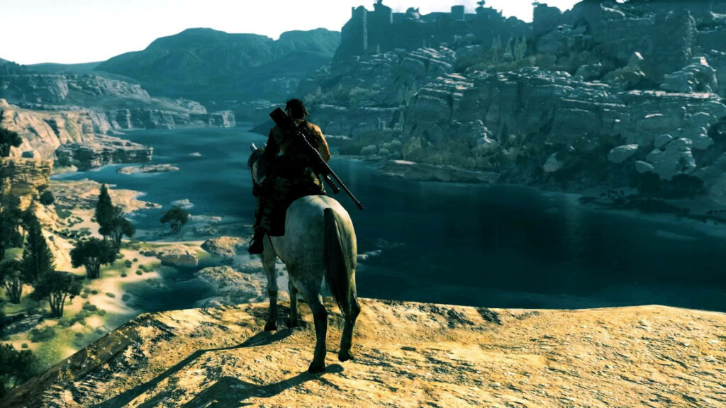 Horseman overlooking rugged Afghan mountains winding river ancient rocks clear sky wallpaper