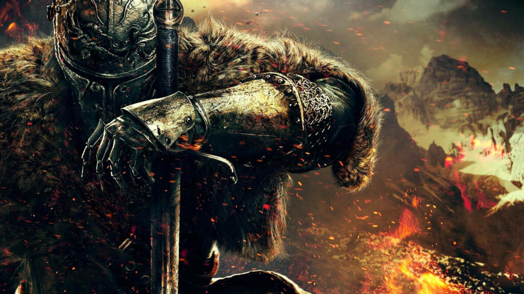 Lone knight in battle-worn armor holding sword in fiery desolate landscape wallpaper background