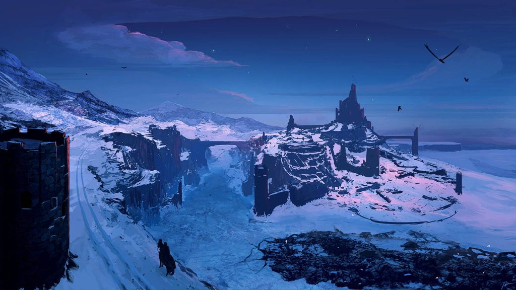 Lone rider views snow-covered ruined fortress in cold blue fantasy mountain landscape wallpaper