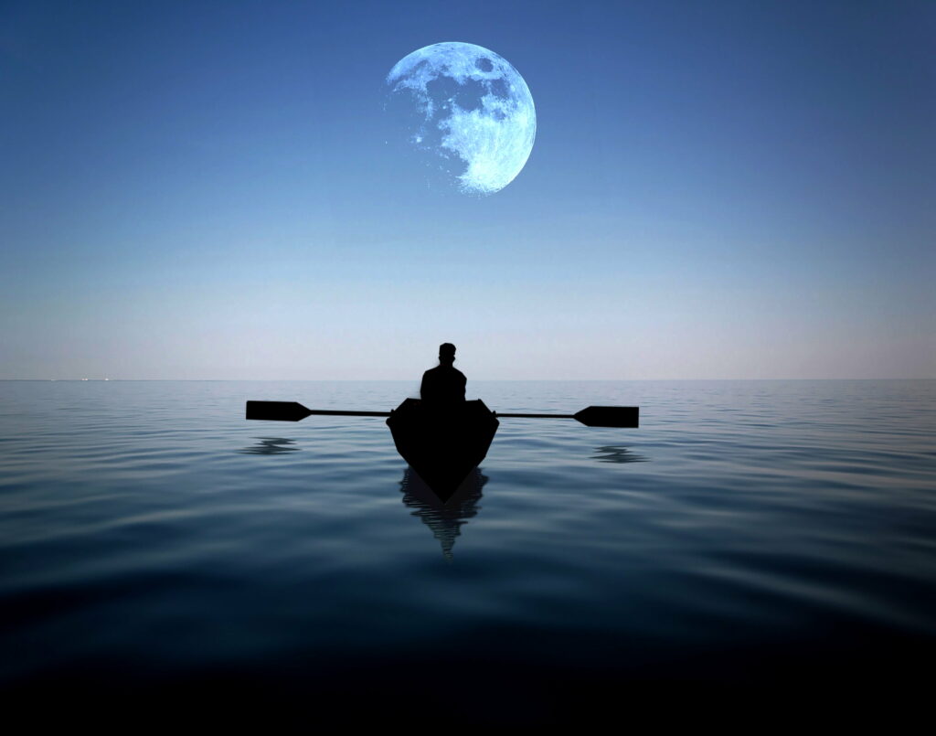 Solitude at Sea: A Lone Man's Journey Under the Moonlight - Wallpaper Background