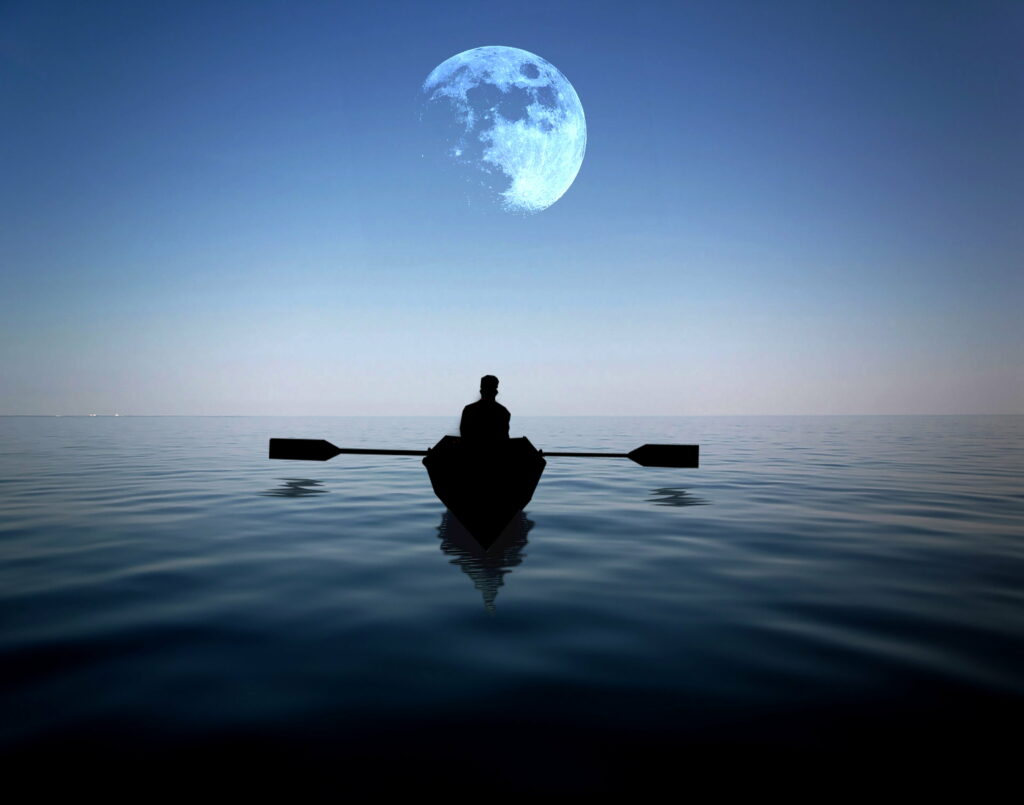 Lone silhouette rowing boat on calm blue ocean under radiant full moon digital art wallpaper