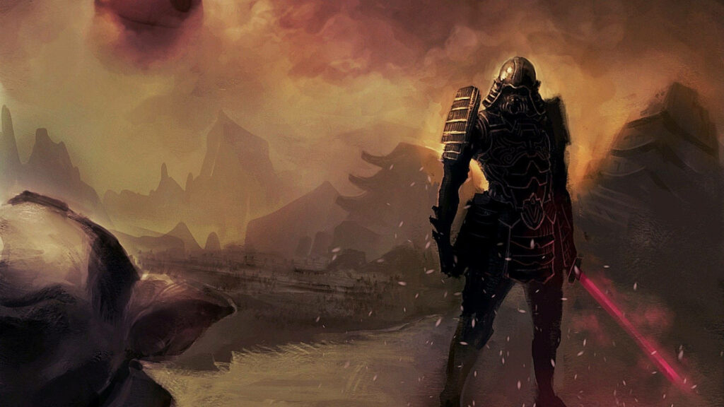 Samurai in Black Armor: Dramatic Crimson Sky Wallpaper Background