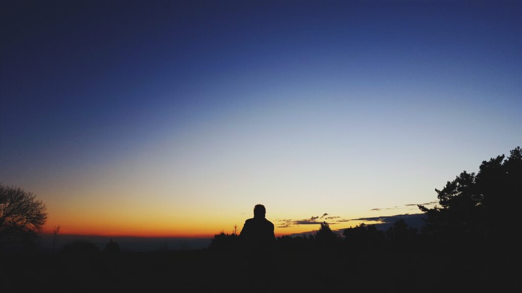 Silhouette at sunset with orange and blue sky over minimalist landscape and peaceful trees wallpaper
