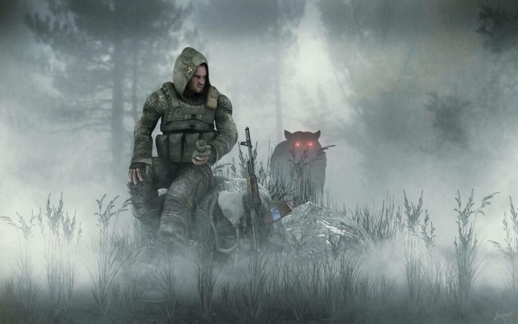 Lone stalker in tactical gear sits in misty ruins with glowing mutant eyes in S.T.A.L.K.E.R. 2 wallpaper