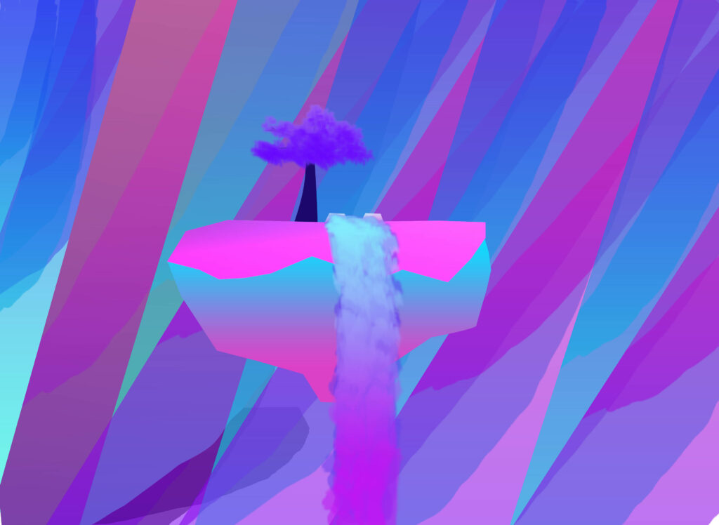 The Solitary Oasis: Surreal Vaporwave Desktop Wallpaper with a Serene Floating Island, Enigmatic Waterfall, and Solitary Tree