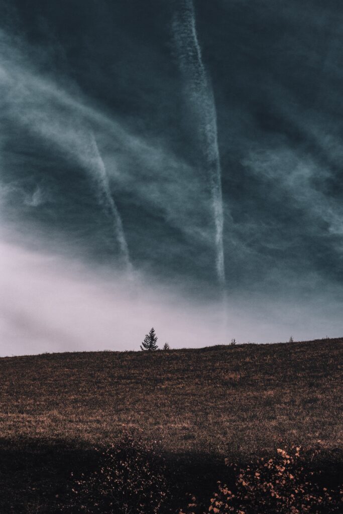 Lone tree on grassy field under dramatic cloudy sky with vapor trails serene landscape wallpaper