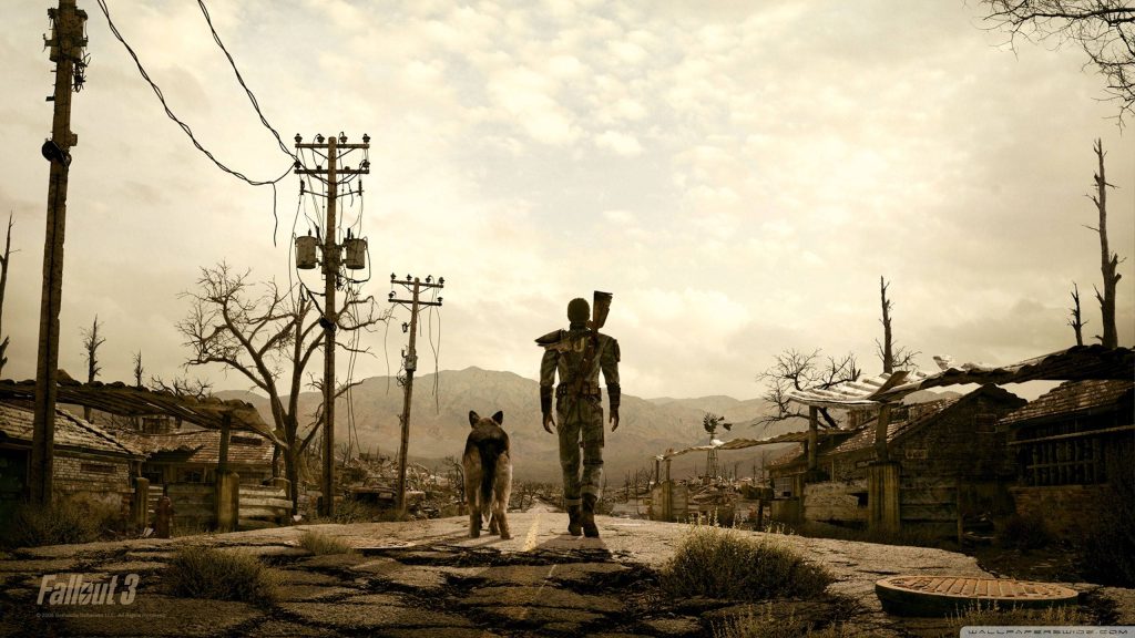 Lone Wanderer and Dogmeat walk cracked road in Fallout 3 sepia post-apocalyptic wasteland wallpaper