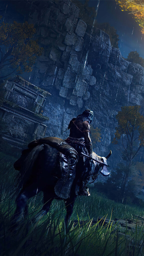 Lone warrior on horseback in Elden Ring rain-soaked mystical landscape with towering cliffs and ruins Wallpaper