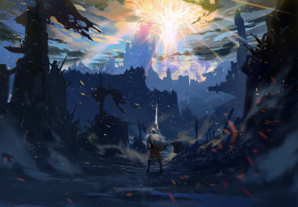 Lone warrior in dark ruins gazing at radiant mythical Elden Ring light wallpaper background