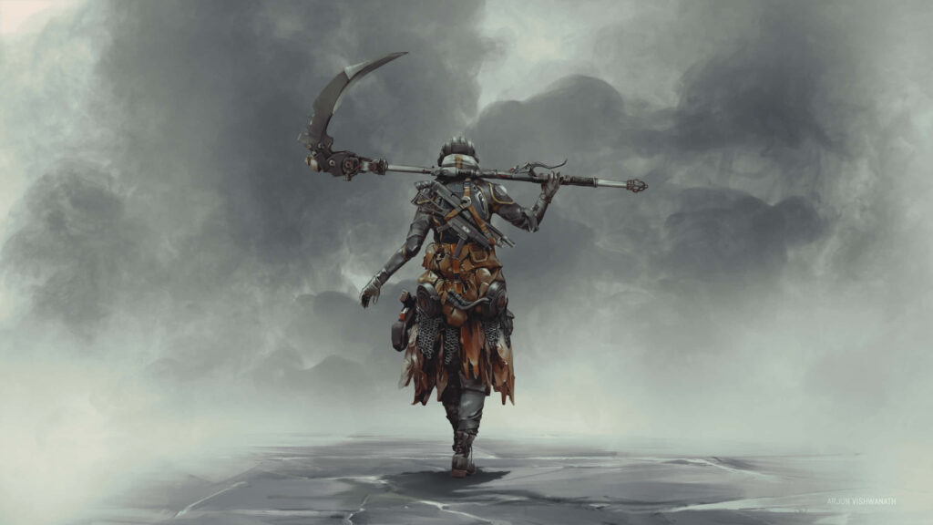 Lone Ashen warrior walking through misty desolate landscape dark fantasy wallpaper background