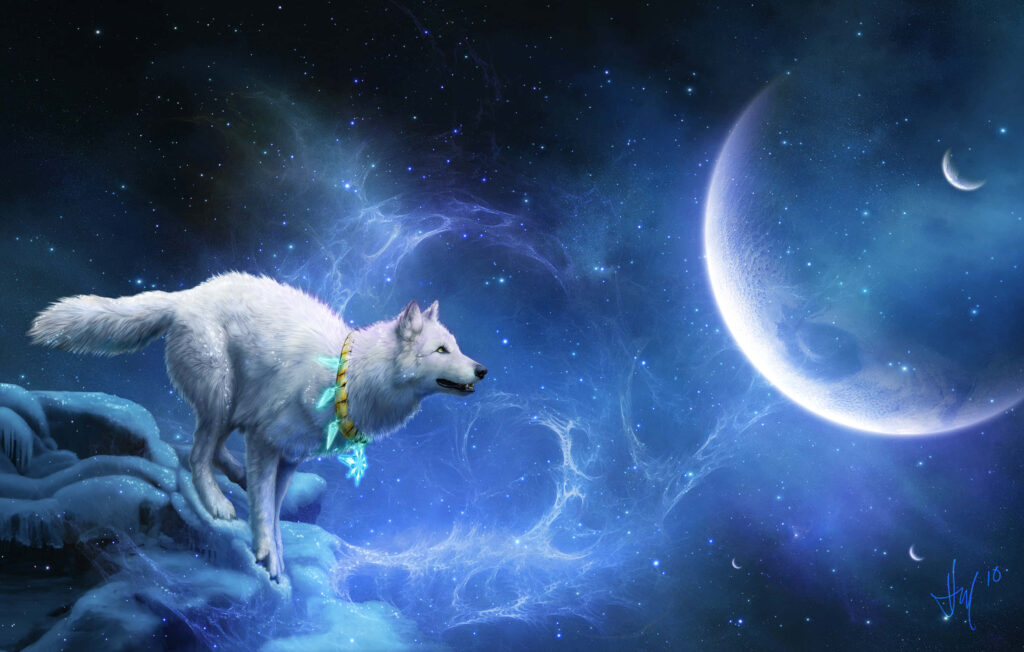 Lone Wolf Cosmic Wallpaper: Majestic Strength Amidst Galaxies