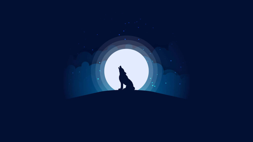 Lone Wolf Howling at Full Moon - Minimalist Night Sky Wallpaper