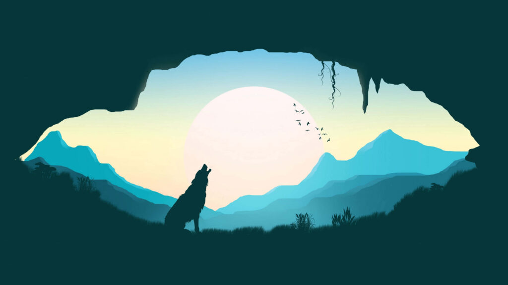 Lone Wolf Howling at Moon: Minimalist Mountain Wallpaper Background