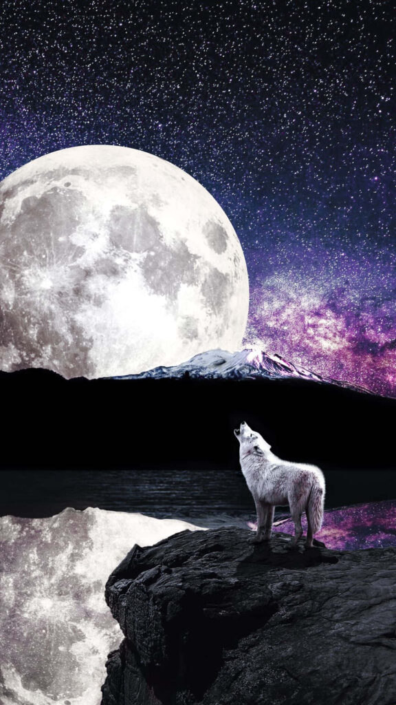Lone Wolf Howling at Supermoon: Mesmerizing Night Sky Wallpaper