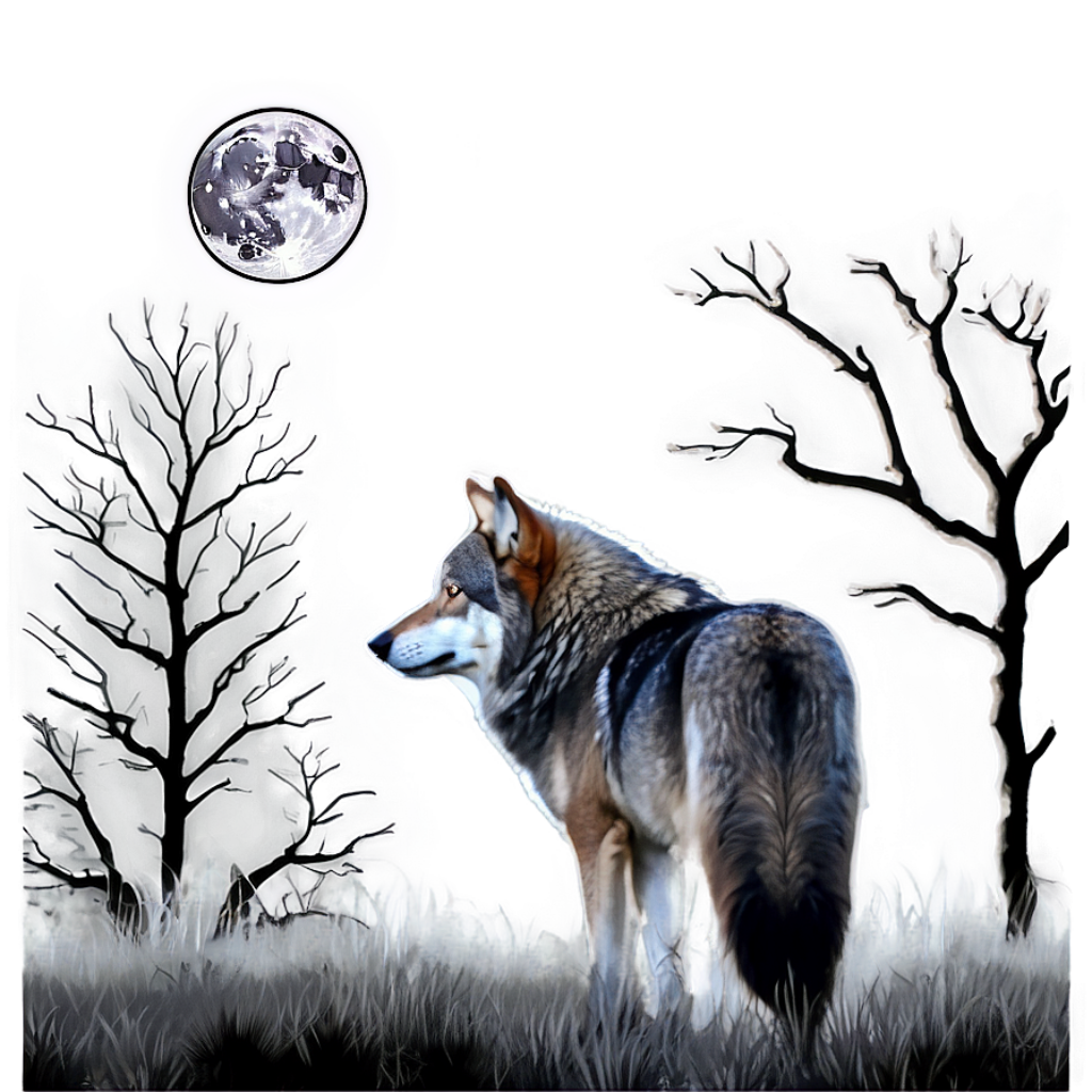 Lone Wolf in Moonlit Landscape Wallpaper – Mystical Serenity