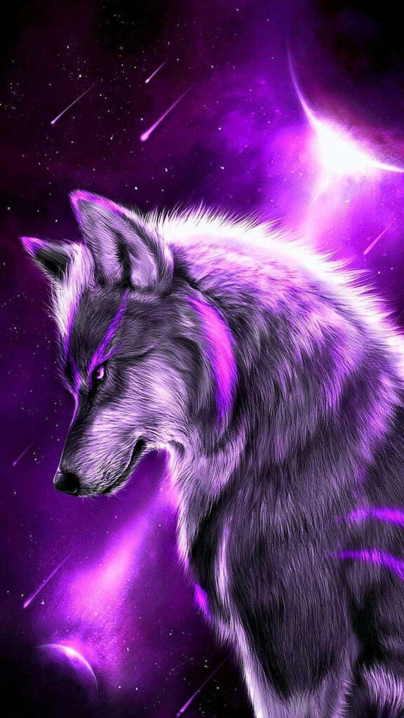 Lone Wolf with Radiant Purple Fur: Cosmic Wallpaper Background