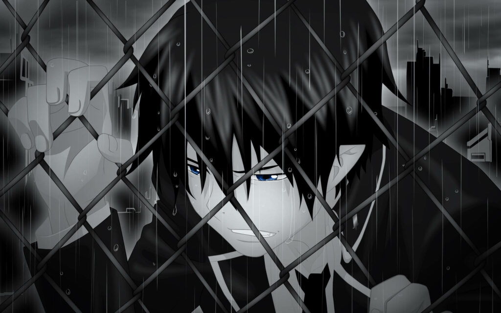 Melancholic Anime Protagonist Seeking Solace Amidst Torrential Rainfall Wallpaper