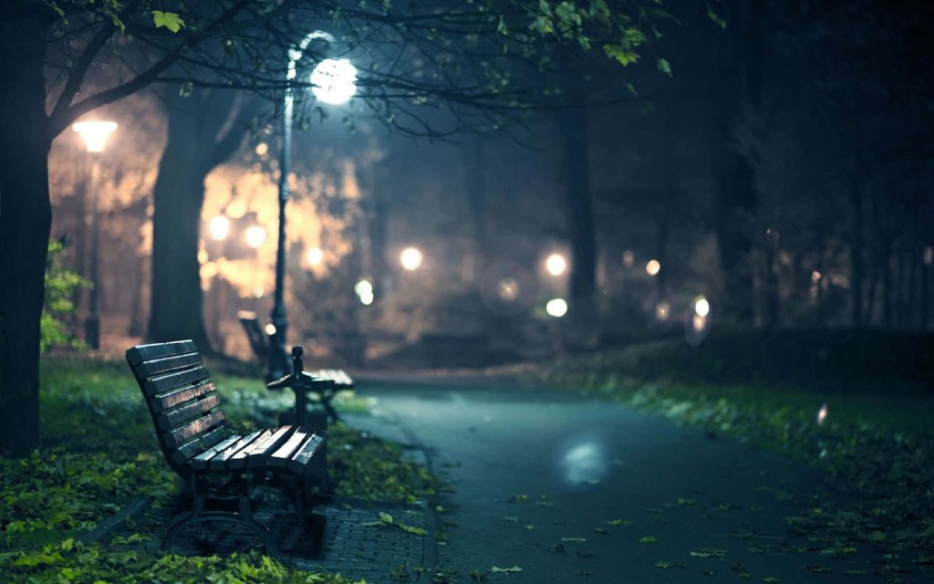 Empty park bench at night with soft lamplight and misty serene tranquil wallpaper background