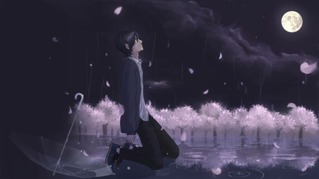 Melancholic Serenity: The Tearful Anime Boy Embracing Rain, Moonlight, and Petal Showers - Emotional Aesthetic Anime Wallpaper