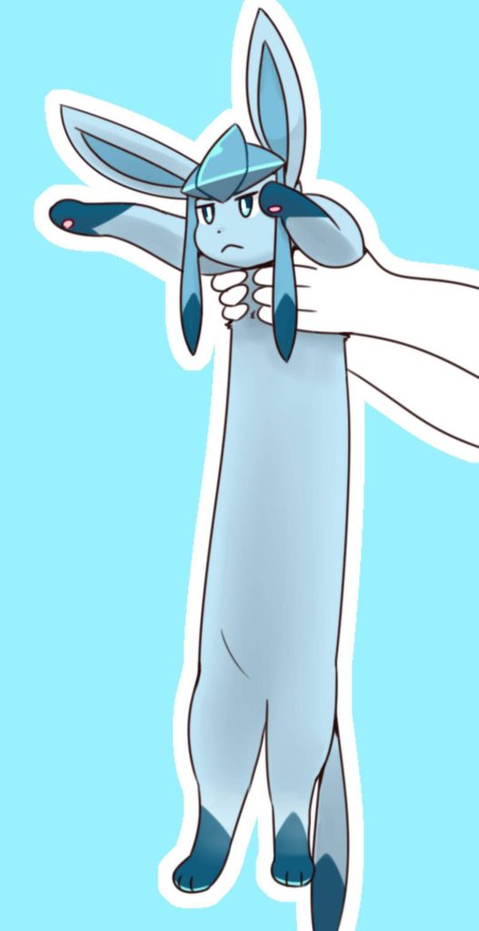 Glaceon Pokémon stretched long cat meme style held by hand on soft blue background wallpaper