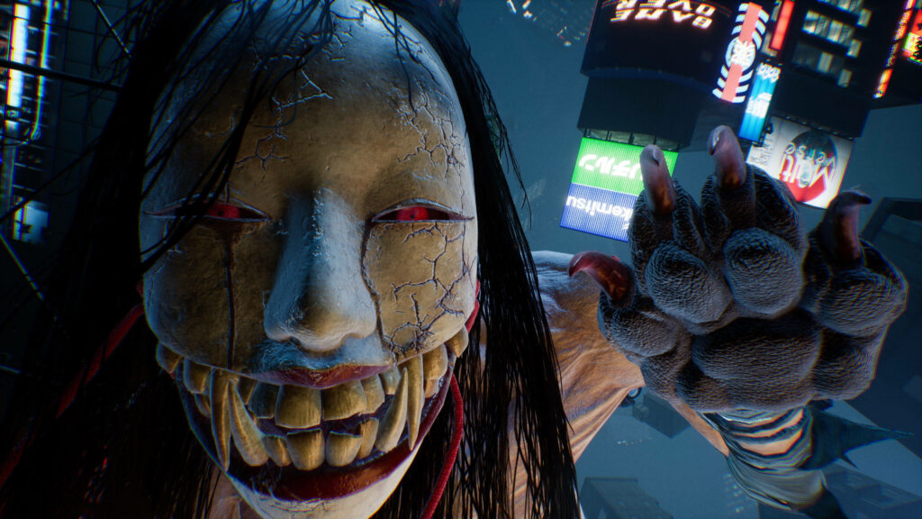 Close-up of Long Neck Woman Ghostwire Tokyo with cracked mask sharp teeth and red eyes neon city Wallpaper